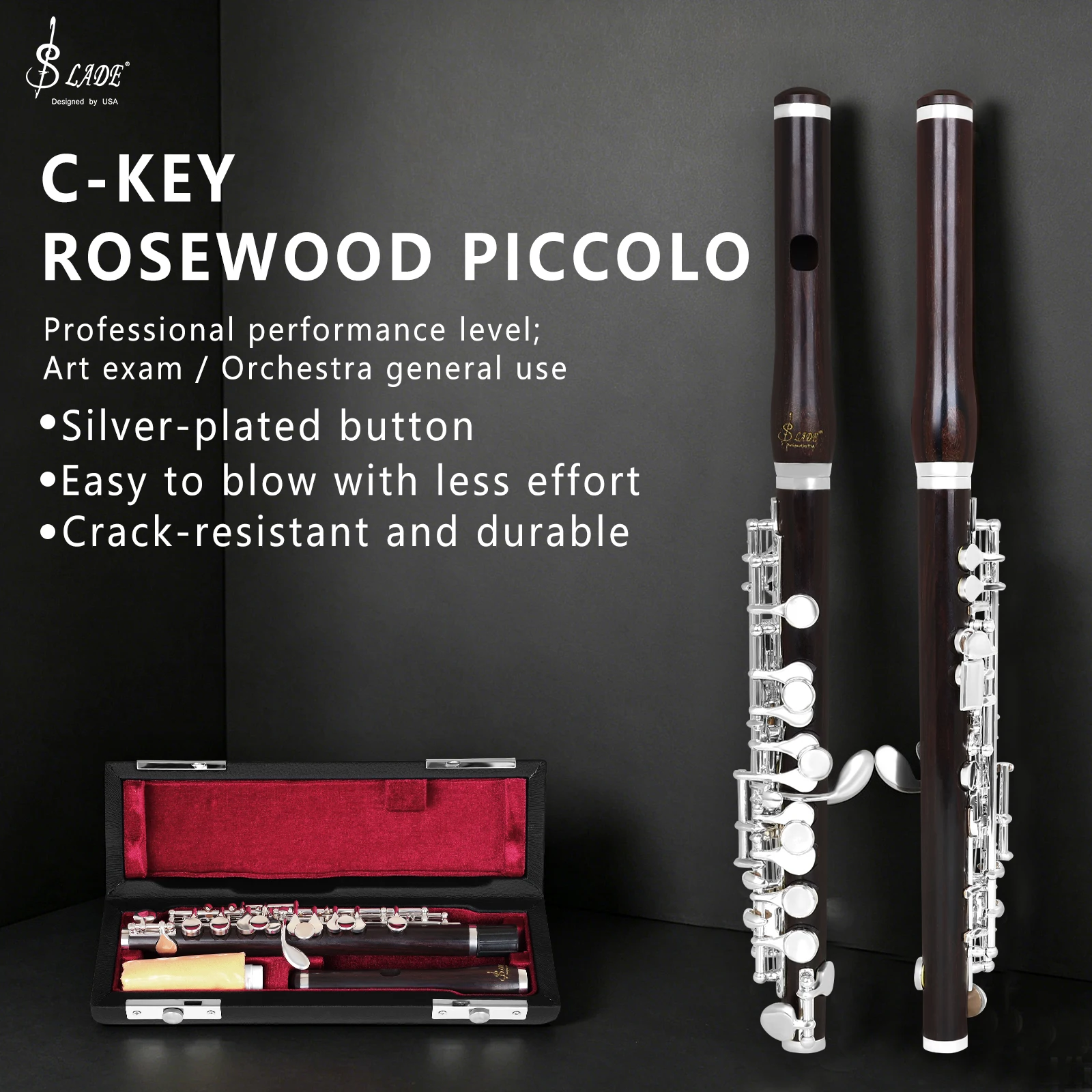

SLADE C Key Rosewood Piccolo Silver-Plated Keys Natural Rosewood Body Includes Leather Case & Cloth Bag – Professional Piccolo