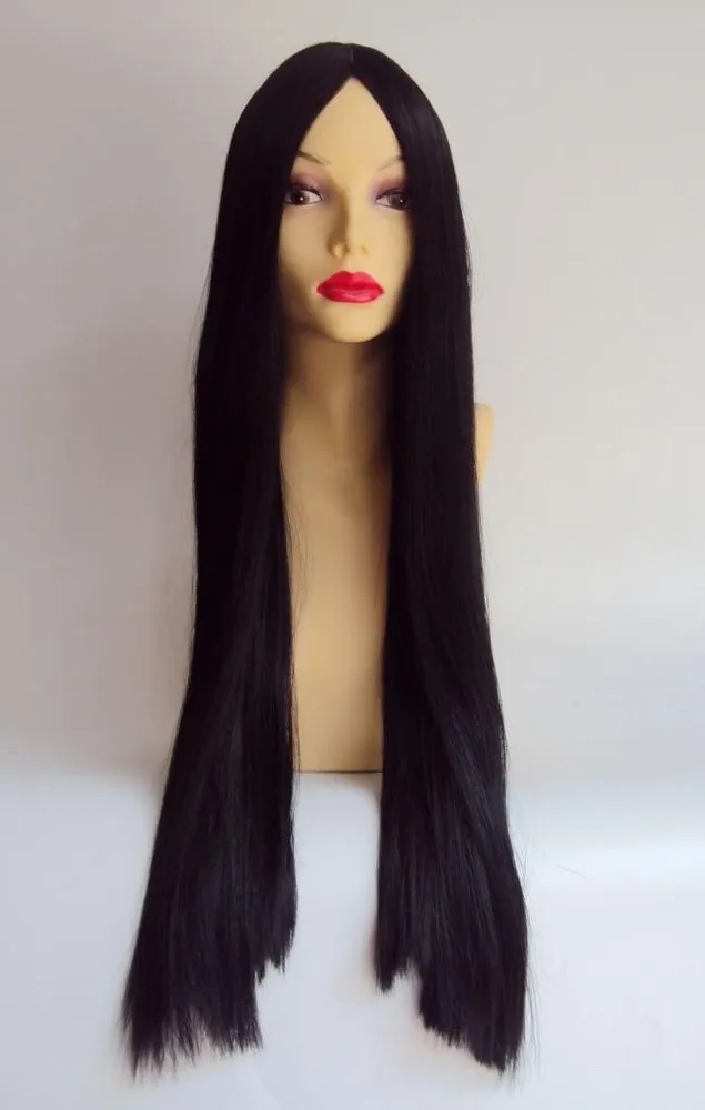 DELUXE MORTICIA ADDAMS ครอบครัวยาวสีดําตรงฮาโลวีนเครื่องแต่งกายวิกผม GOTHIC