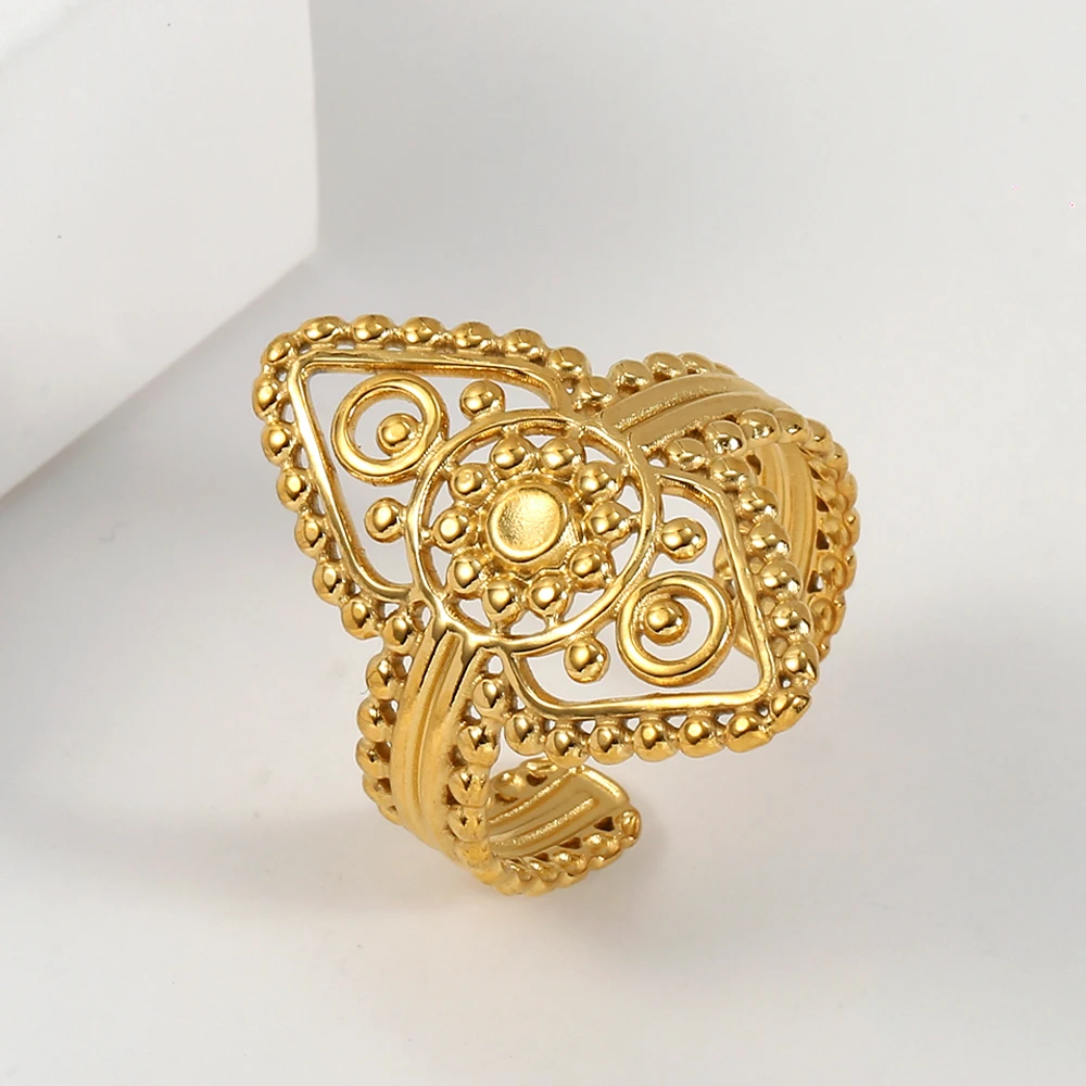 COOLTIME Indian Flower of Life Rings for Men Women Stainless Steel Adjustable Gold Color Rings Fashion Jewelry Gift Wholesale