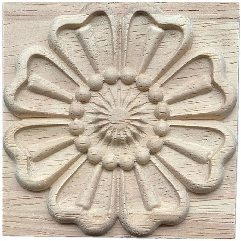 

10-18cm Wood Applique Decal Figurines Wooden Carved Decor Unpainted Large Flower Leaves Rectangle Flower Furniture Doors Home