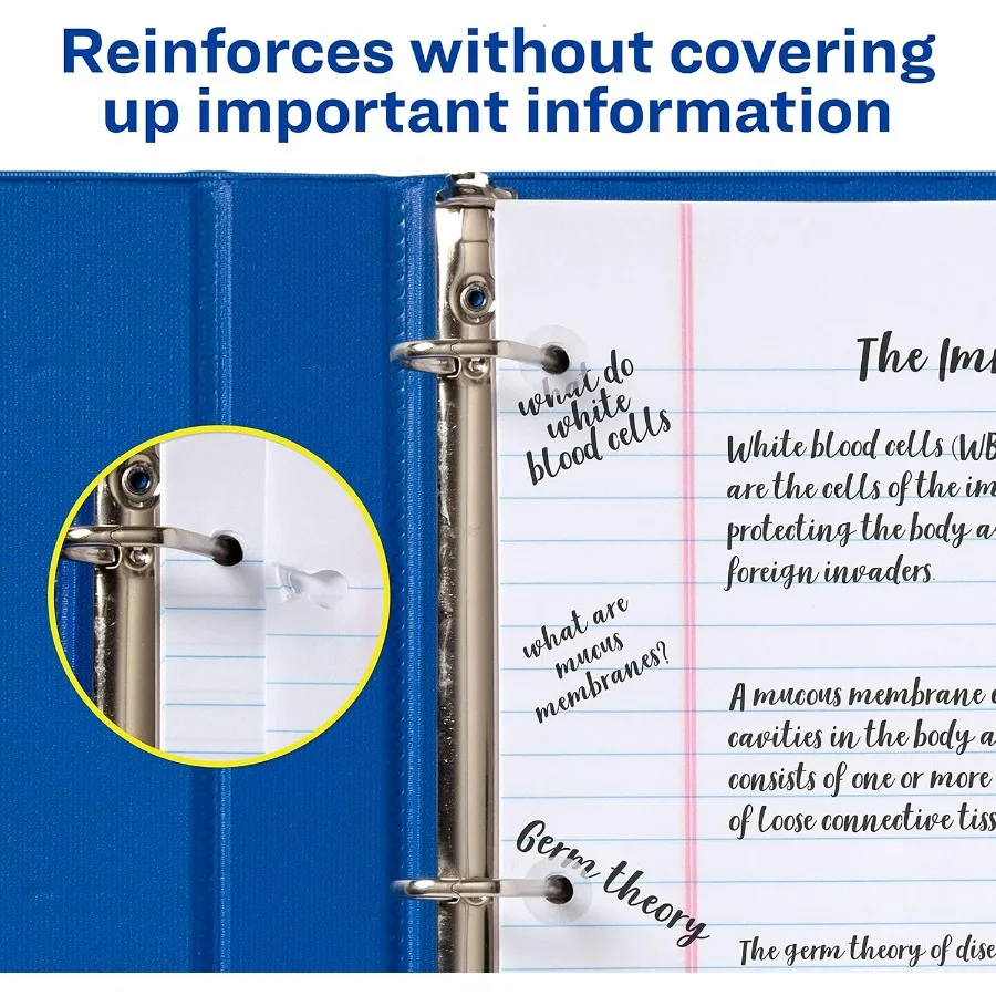 สติกเกอร์เสริมรูแบบมีกาวในตัว สำหรับรูขนาดเส้นผ่านศูนย์กลาง 1/4 นิ้ว ใช้กับเครื่องเจาะรู ฉลากใสไม่สามารถพิมพ์ได้ เหมาะสำหรับเอกสาร