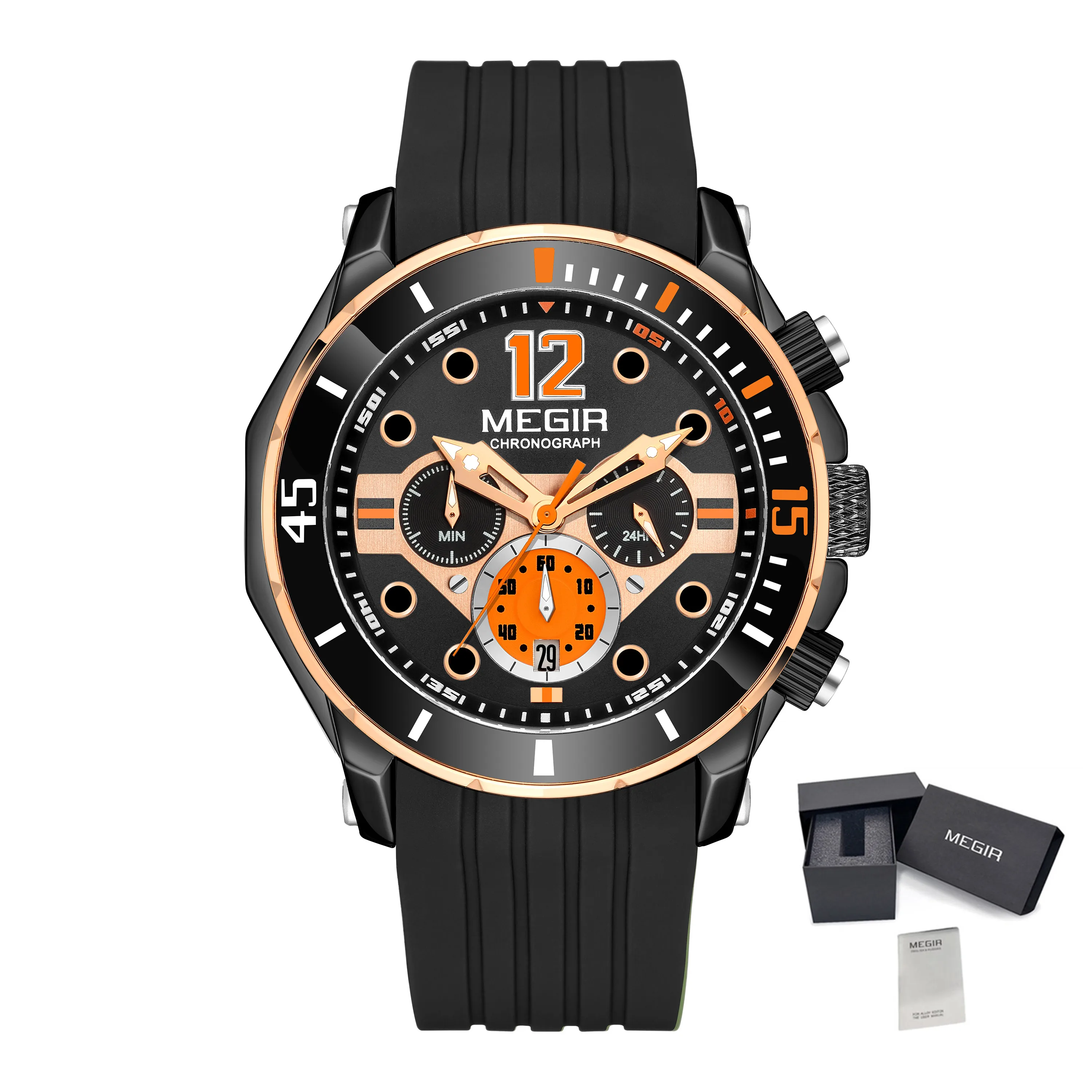 MEGIR 2206 Silicone Strap Men's Sport Watches Chronograph Waterproof Calendar Quartz Wristwatch Male Clock Relogio Masculino
