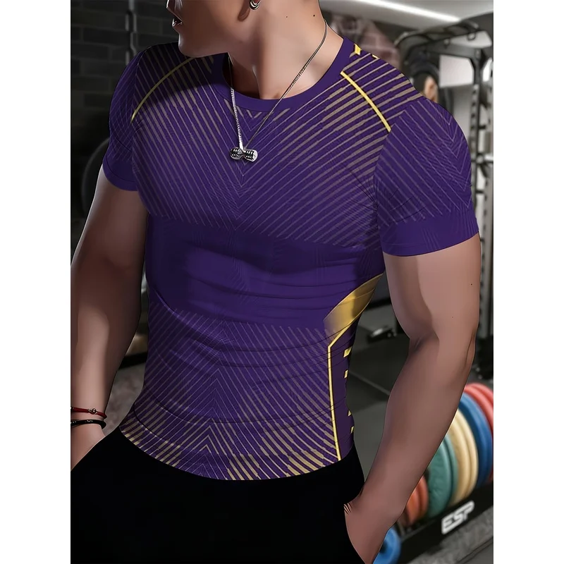 Mens Dark Purple Allover Print Side Panel Spliced Fitted Short Sleeve Sports Tee Quick Dry Breathable Crew Neck Gym Running Shap