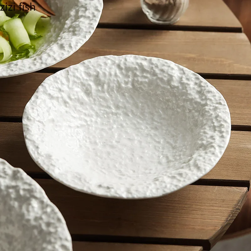 Irregular Stone Pattern Ceramic Bowl Restaurant Soup Bowl Salad Bowl Dessert Bowls Pasta Bowls Pure White Specialty Tableware