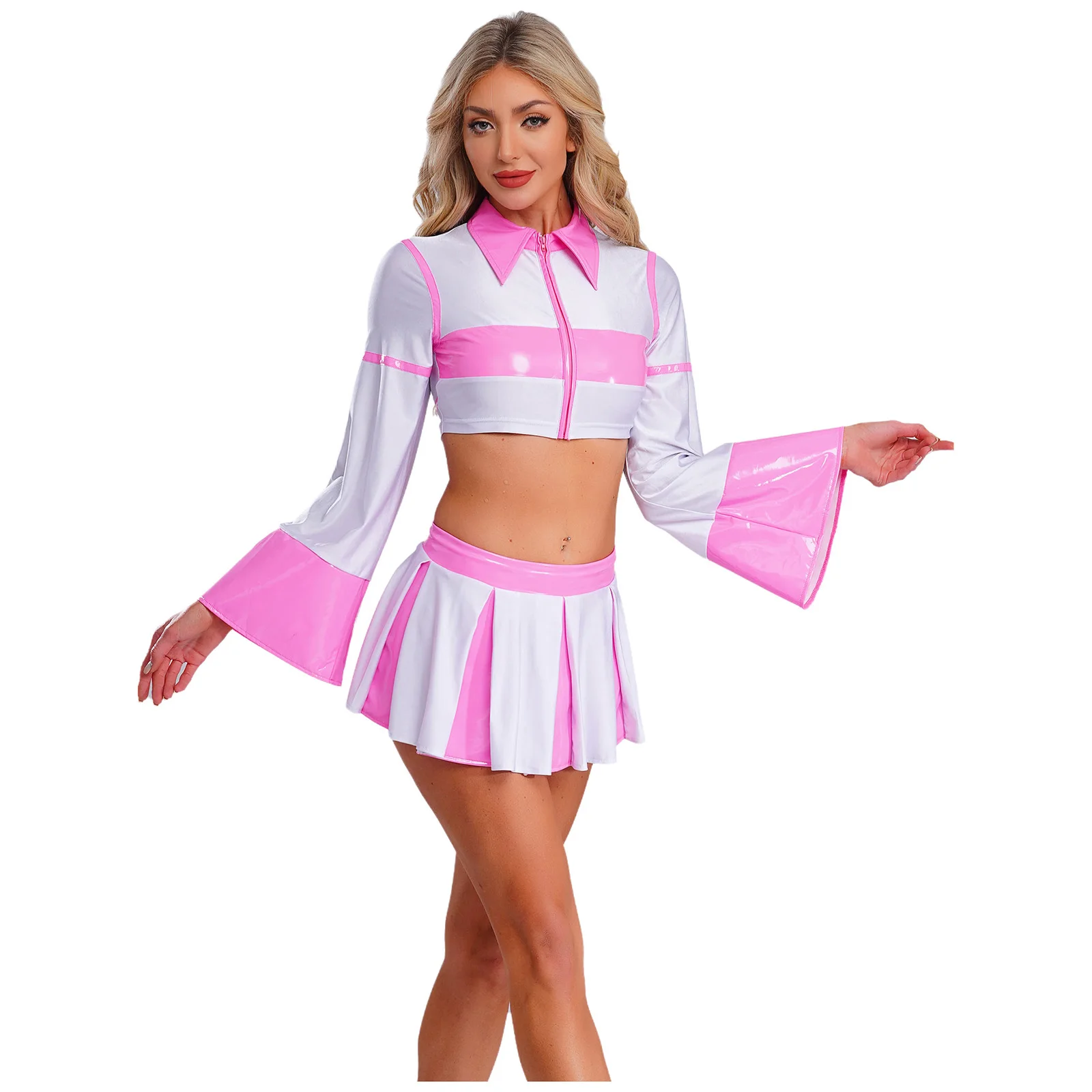 

Women Glossy Cheerleading Dance Performance Outfits Long Sleeve Top And Pleated Miniskirt for Cheering Stage Match Dancewear