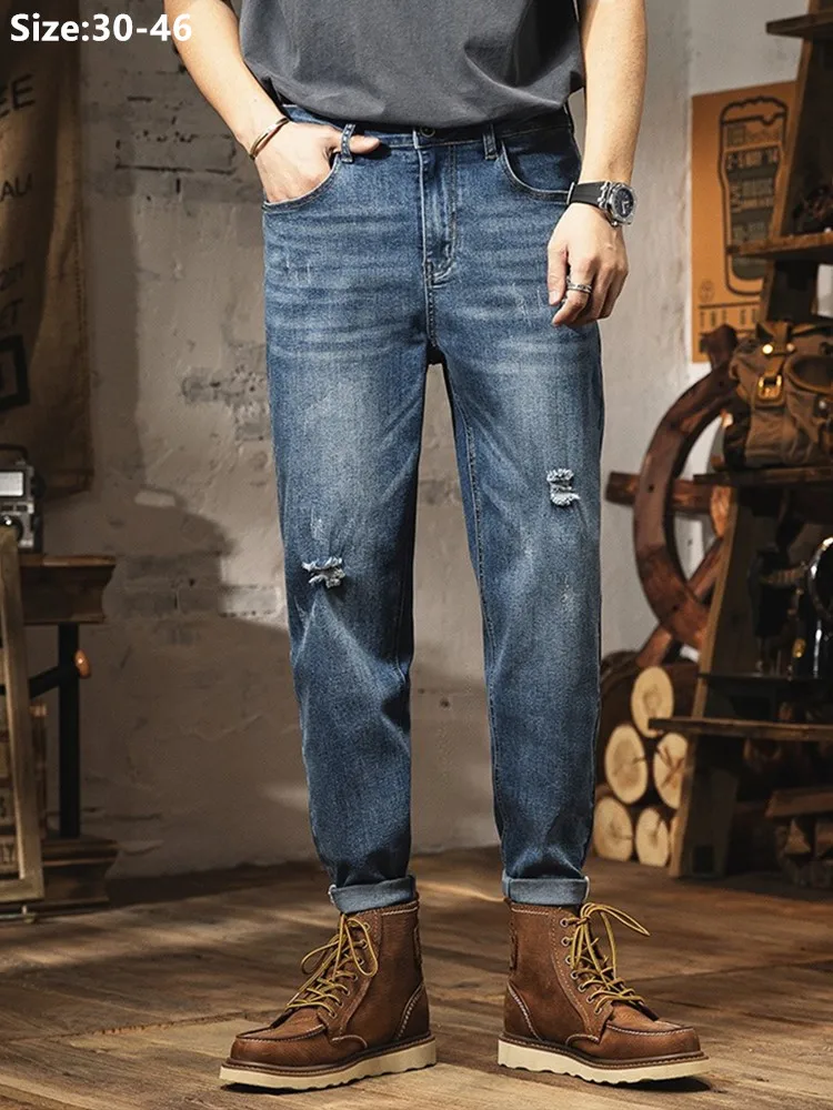 Ripped Pencil Jeans Men Stretched Slim Fit Harem Pants Ankle Length Plus Size 46 44 42 40 Denim Male Elastic Scratched Trousers