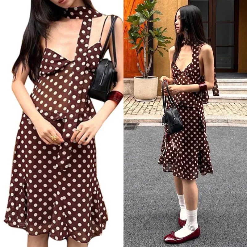 

Wave Point Sleeveless Dresses Women Summer 2025 European And American Y2K Wave Point High Waist A-line Skirt Loose Top Set New
