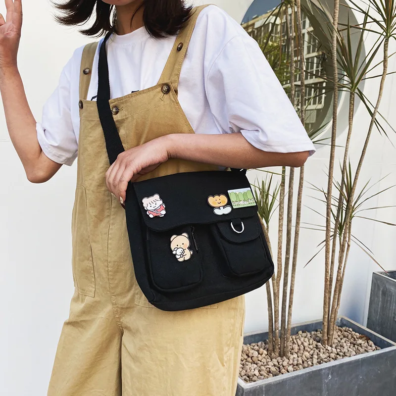Japanische Harajuku niedlichen Retro Mädchen Umhängetasche schicke Abzeichen Leinwand Cross body Schult aschen Student einfarbige Umhängetasche Schulranzen – Detail 3