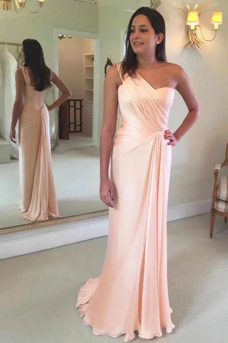 One Shoulder Satin Mermaid Prom Dress Long Ruched With Slit Train Formal Evening Dresses Party Gowns Bridesmaid Dresses