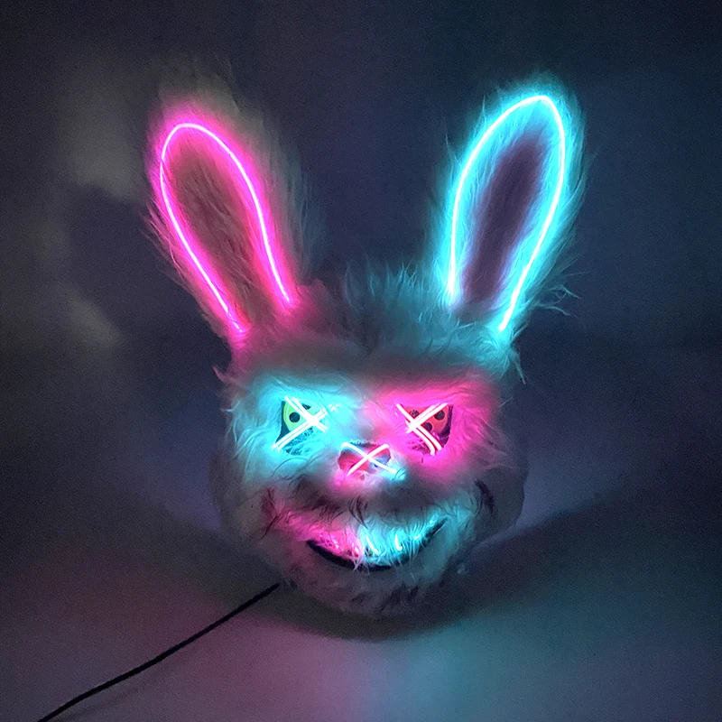 Funny LED Glowing Rabbit Mask Luminous Light Up Bunny Long Ear Mask Cosplay Props Neon Bloody Killer Bear Mask Costume