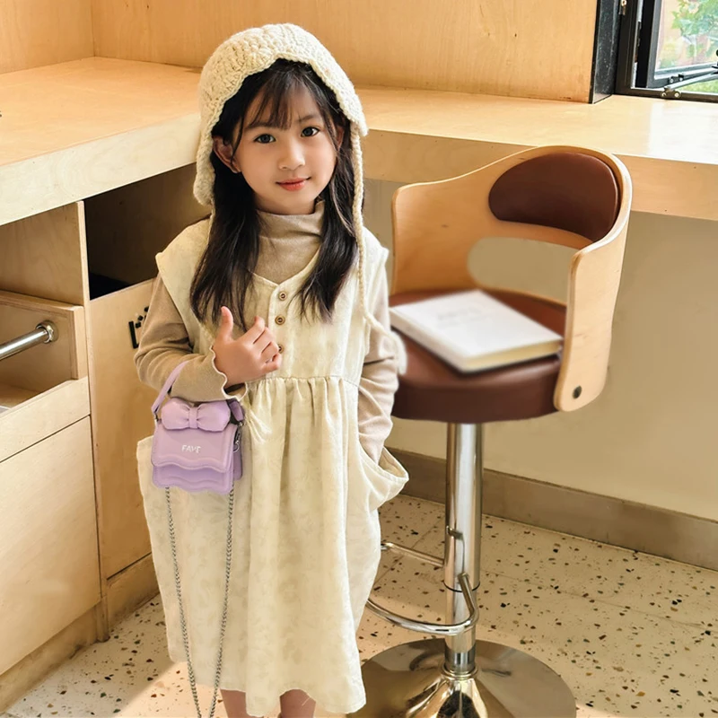 Korean Kids SIngle Shoulder Bags For Girls Solid Bow Decoration Toddler Princess Handbag PU Mini Cute Baby Messenger Bag