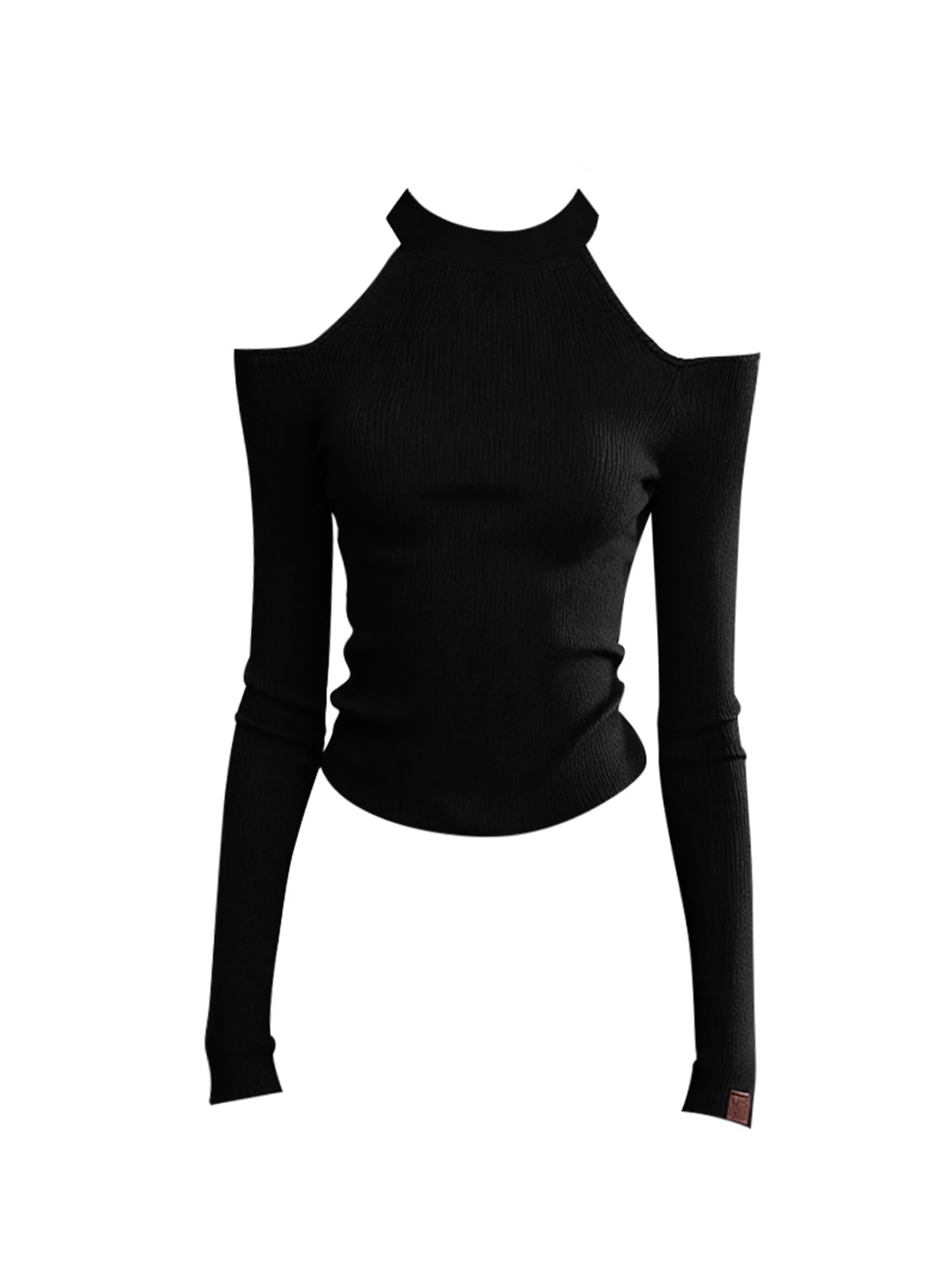 Women's Black T-shirt Off Shoulder Long Sleeve T-Shirt Vintage Aesthetic Gothic Emo Y2K Slim Cropped Knit Tee Top Spring Autumn