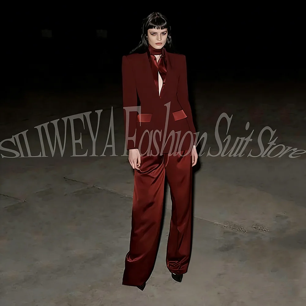 Luxury Smart Casual Long Pants Sets For Women 2026 Spring Blazer Jacket Satin Wide Leg Trousers 2 Pieces Office Lady Chic Outfit