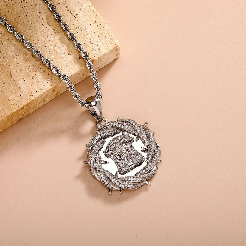 Hip Hop 5A+ CZ Stone Bling Iced Out Thorn Crown JESUS PIECE Round Pendant Necklace for Men Rapper Jewelry Gold Silver Color