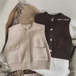 Simple Children's Clothing Kids Knitted Vest Solid Versatile Girls Sweater Spring and Autumn Boys Clothes Pocket Vest Cardigan