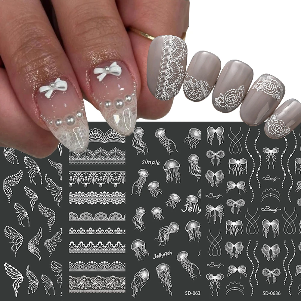 

1 лист, ажурные бабочки, кружевные наклейки для дизайна ногтей, белый цветок, кисточка, бант, медуза, элегантные 3D наклейки для ногтей, японский декор для ногтей
