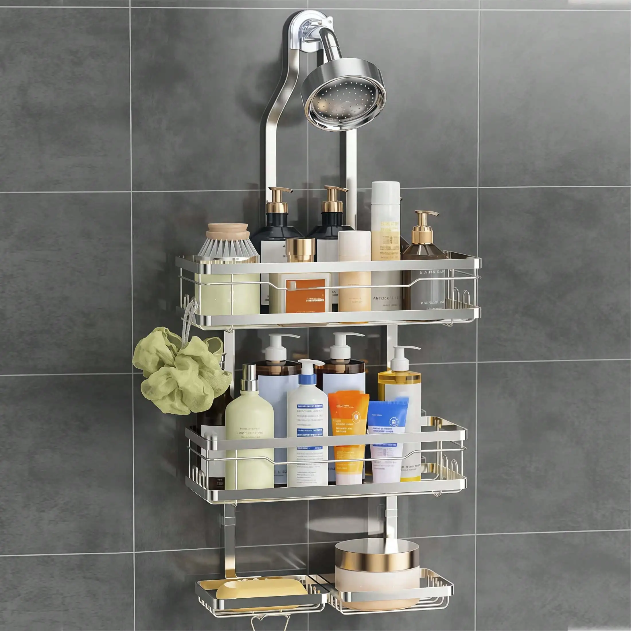 Hanging Shower Caddy Over Shower Head, Adjustable Rustproof Bathroom Organizer with Soap Holder & Towel Hooks, No-Drill Shower Shelf Rack for Shampoo, Black