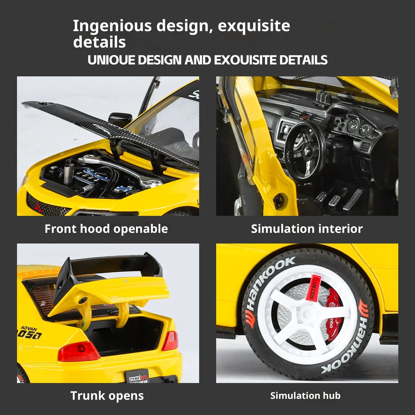 Model samochodu Mitsubishi EVO9 ze stopu metalu w skali 1/24, symulacja dźwięku i światła, amortyzacja kół, zabawka dla chłopca, prezent urodzinowy dla dzieci.