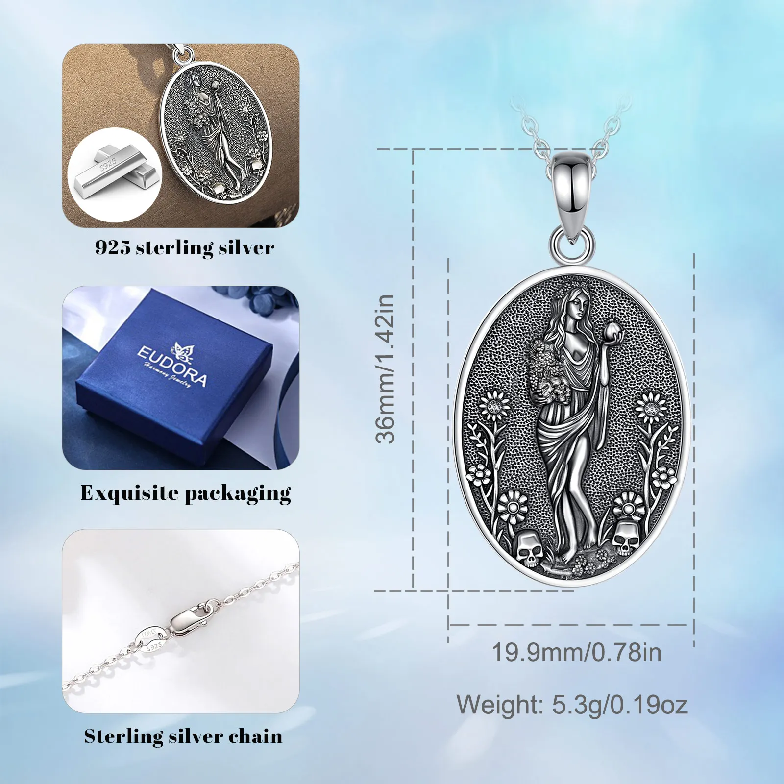 Eudora 925 Sterling Silver Persephone Goddess Necklace Pomegranate Skull Pendant Greek Mythology Wicca Pagan Jewelry for Women