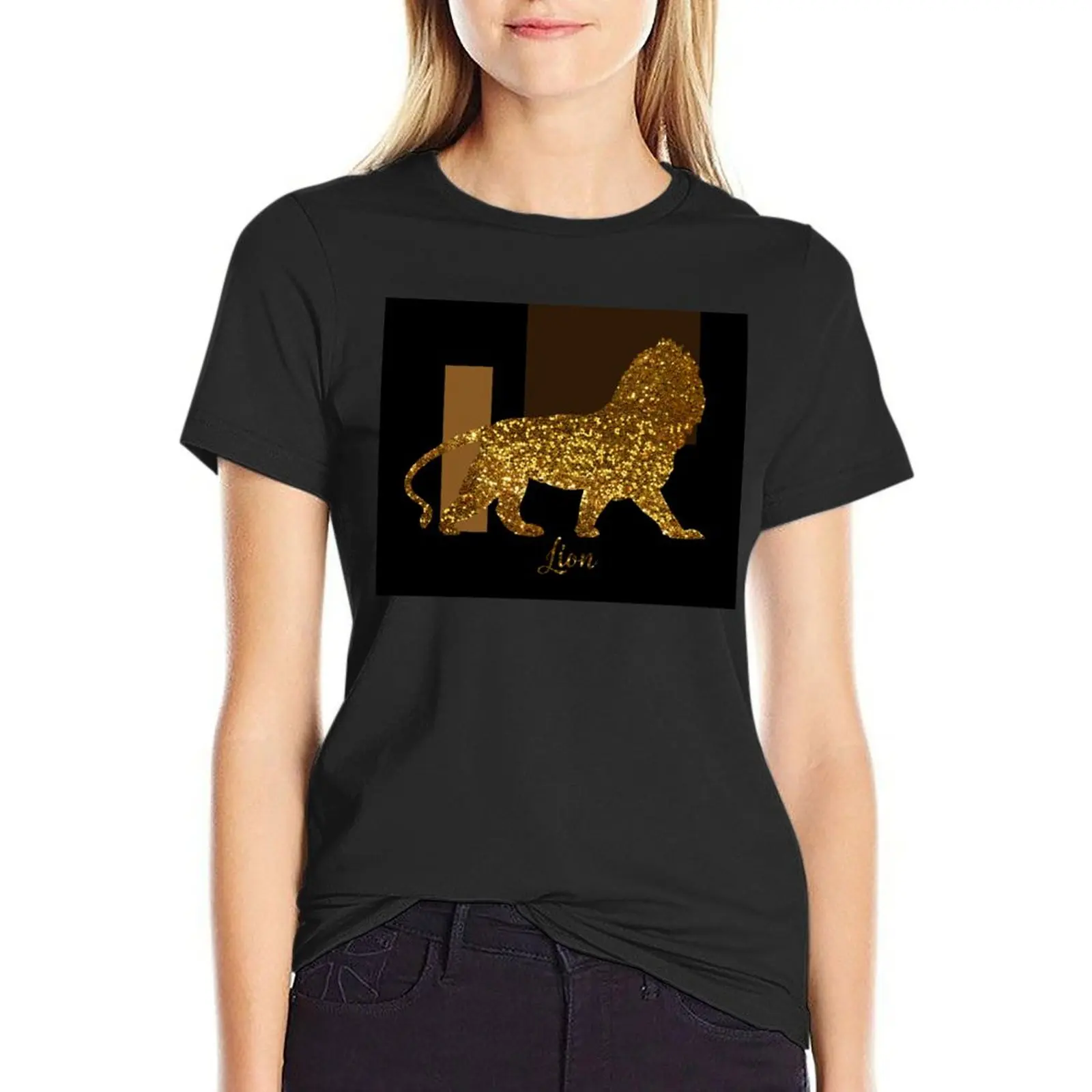 

Golden Lion Modern composition, gold black brown T-Shirt hippie clothes sports fans fashion woman blouse 2024