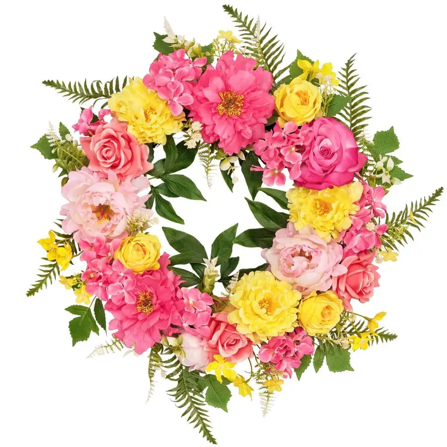 

for Front Door, Spring Summer Seasonal Hot Pink amp Yellow Flowers Wreath for Front Door, Artificial Silk Peony Flower Wreath fo