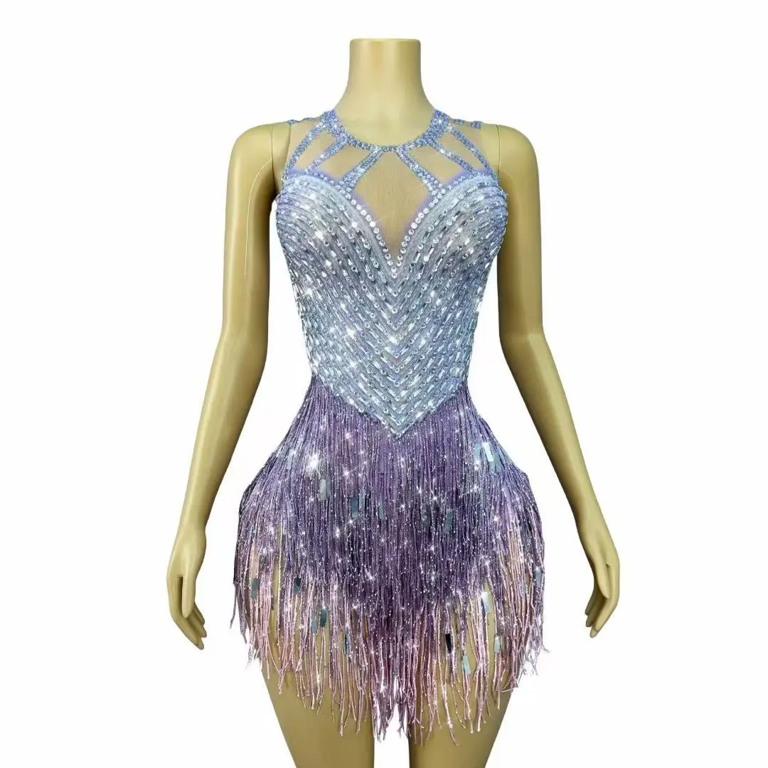 Sparkly Rhinestones Sequins Tassel Sleeveless Bodysuit for Women Sexy Performance Dance Costume Bar Stage Singer Dancer Leotard