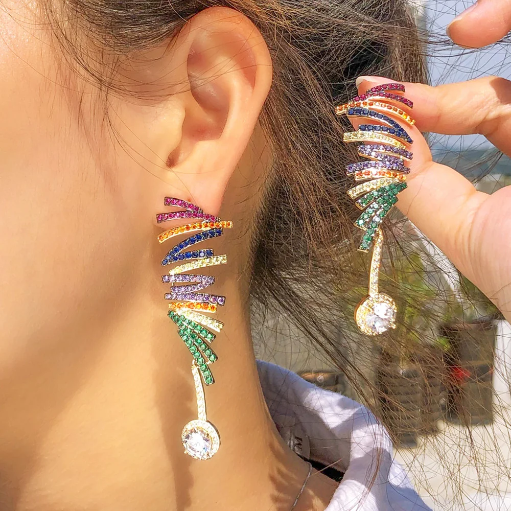 Pera Decorative Long Multicolor Wave Lines CZ Stone Dangle Oval Drop Earring for Women Fashion Wedding Dinner Party Jewelry E056