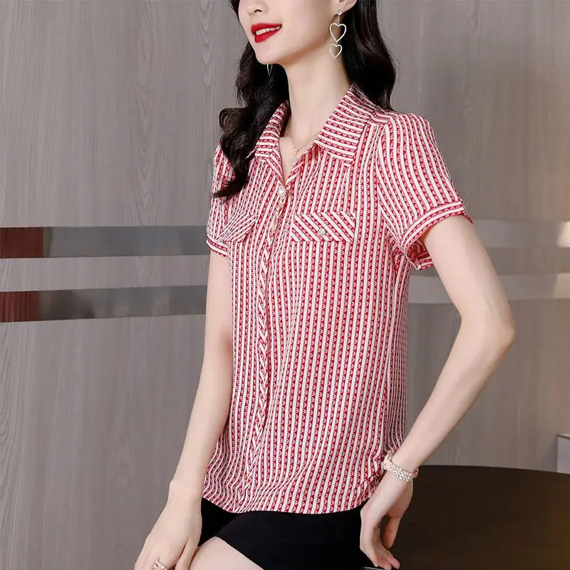 Vintage Summer New Striped Loose Plus Size Tops Tees Thin Short Sleeve Polo Neck Printing T Shirts Fashion Casual Women Clothing