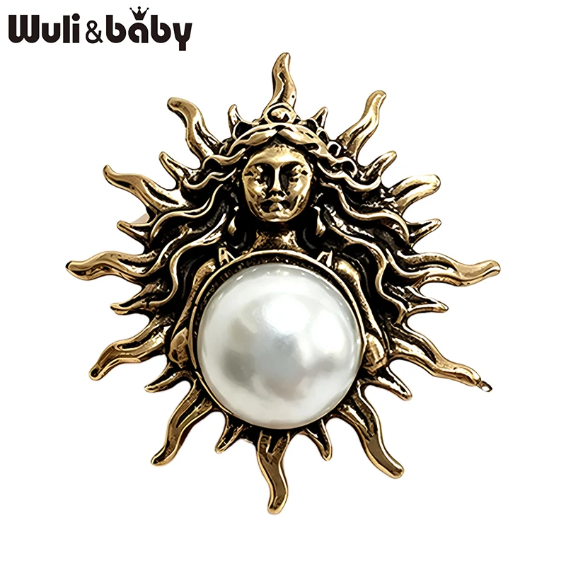 Wuli&baby Vintage Sun Goddess Brooches For Women Unisex Alloy Pearl Figure Party Office Brooch Pins Gifts