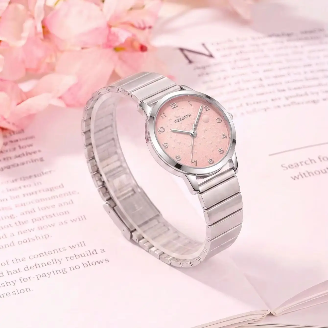 Rebirth Gold Steel Band Women's Watch Starry Sky Dial Simple Quartz Watch Waterproof Commuter Women's Wristwatch Gift