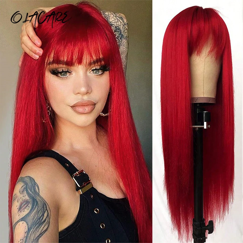 

OLACARE Light Wine Red Synthetic Wigs With Bangs for Women Long Straight Hair Wig Natural Cosplay Party Heat Resistant