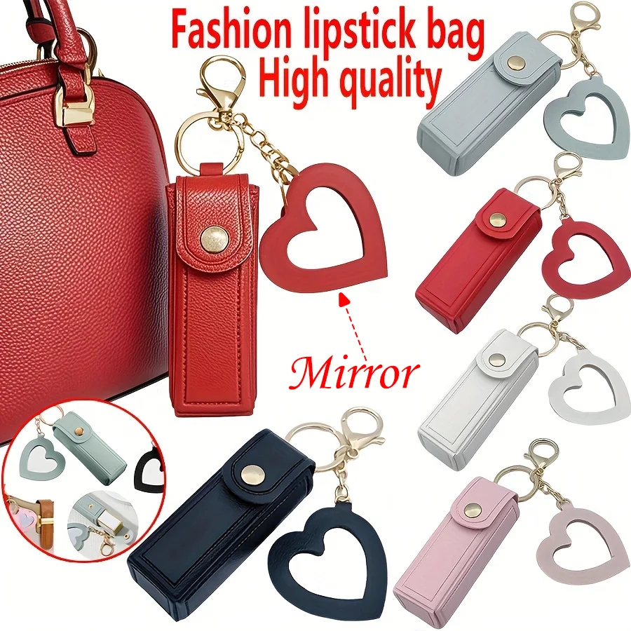 Various colors available, heart-shaped mirror portable mini lipstick bag, portable lipstick bag with mirror, small cosmetic bag,