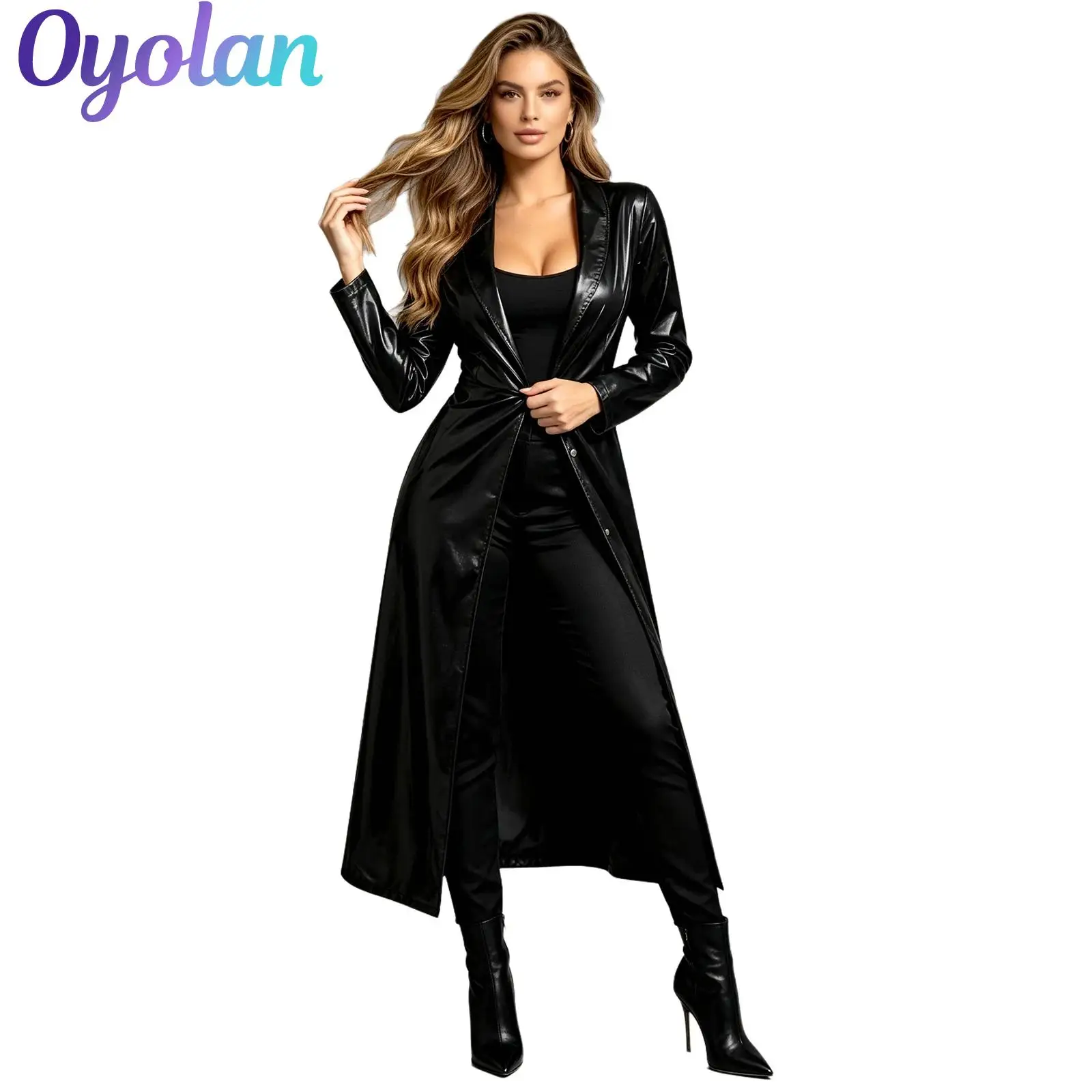 Women Metallic Holographic Shiny Jacket Long Trench Overcoat Lapel Collar Long Sleeve Floor‑Length Clubwear Stage Costume Coat