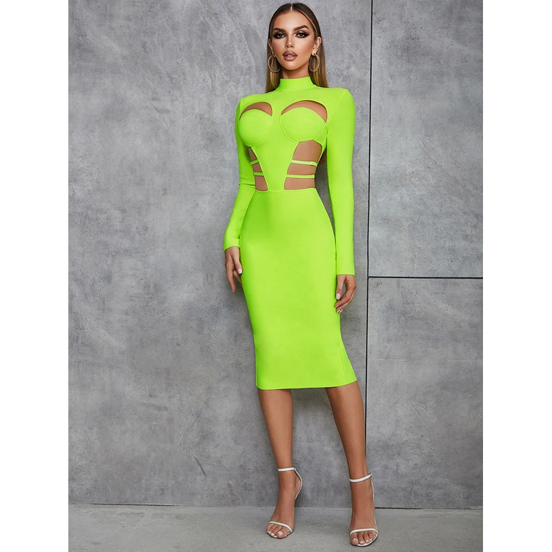 MSMUSI 2024 New Fashion Women Sexy Solid Hollow Out Long Sleeve Backless Bandage Bodycon Party Club Slim Midi Dress Vestidos