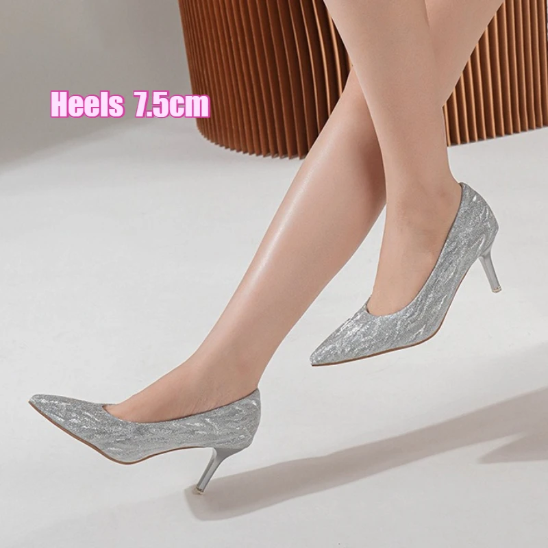 

Серебристые туфли-лодочки с блестками и острым носком на каблуке-шпильке 7,5 см, элегантные женские туфли для свадьбы, вечеринки, торжественных мероприятий