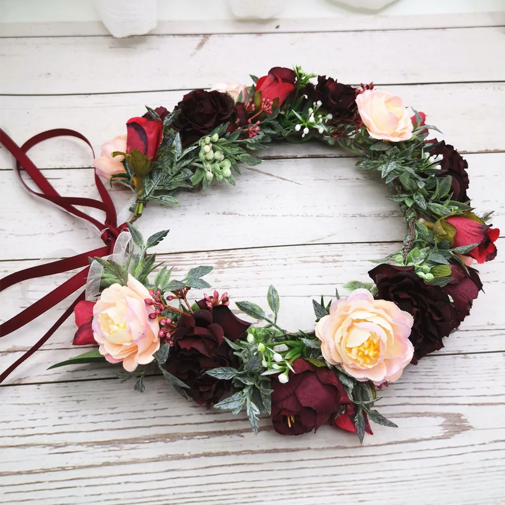 

Retro Rose Flower Crowns Wreath Girls Headband Wedding Hair Accessories Headdress Women Floral Garland Bridal Headwear