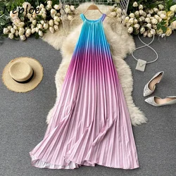 Neploe Halter Summer Long Dress Hit Color Patch Rainbow Gradient Holiday Bohemian Vestidos High Waist Hip Draped Robe Summer