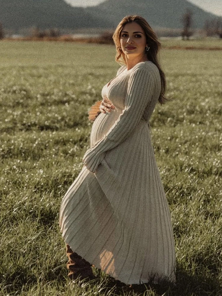 Maternity Photoshoot Dress Knitted V-Neck Sleeve Pregnancy Gown Baby Shower Outfit Fall Autumn Winter Elegant Maxi Dress