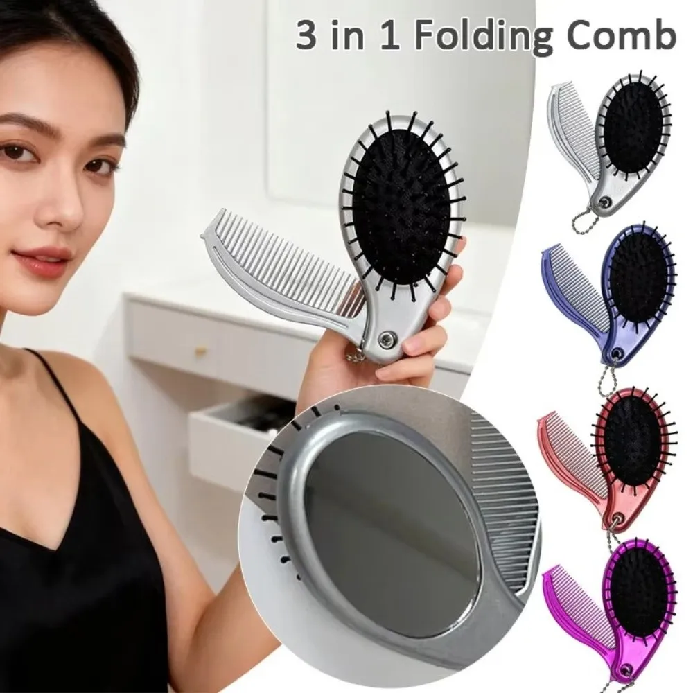 Portable 3-in-1 Foldable Hair Comb Mirror Multifunctional Foldable Travel Comb Massage Comb