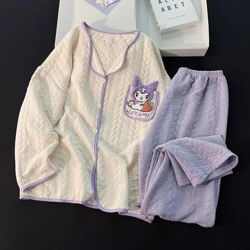 

Sanrio Kuromi Women's Pajamas Set Cartoon Cute Autumn Winter New Air Cotton Layered Thickened Warm Home Sleepwear Loungewear