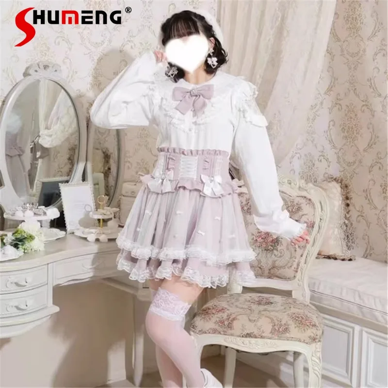 

Japanese Rojita SC Mine Series Bowknot Skirts Sweet Cute Bow Beaded Lolita Mesh A-shaped Short Skirt Women's Y2k Kawaii Clothing