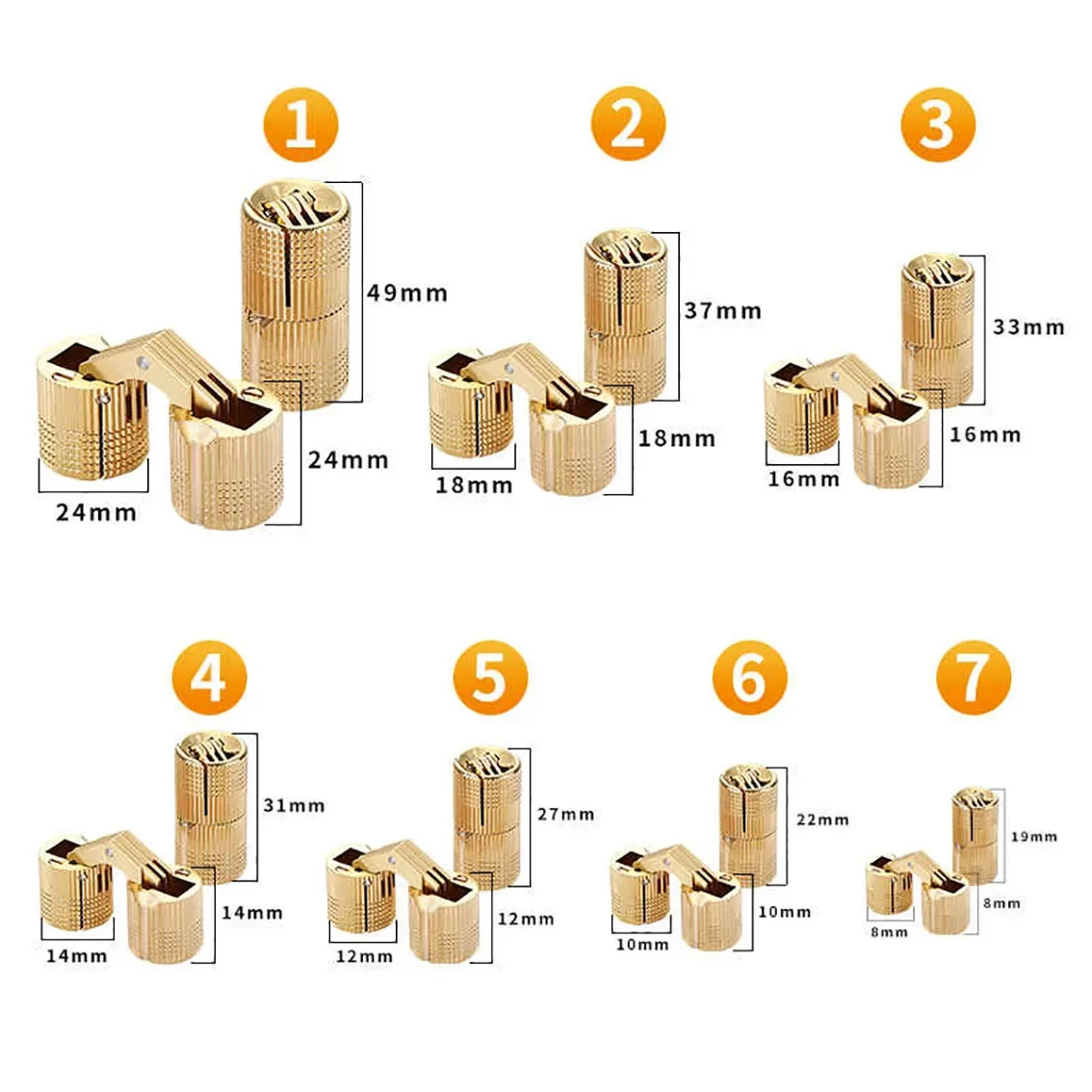 Brass Hinges Hidden 8/10/12/14/16/18-24mm Copper Hinges Cylindrical Cabinet Invisible Door Hinges for Furniture Hardware