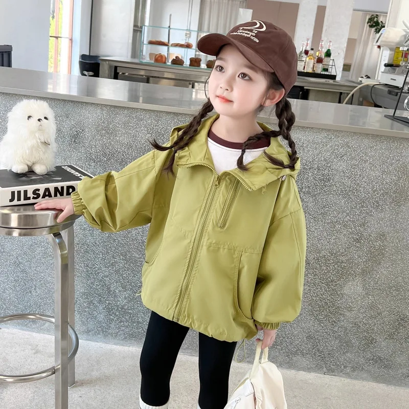 2026 Spring Autumn New Girls Coat Solid Color Hooded Zipper Windbreaker Jacket For 3-12 Years Teen Girls Casual Outerwear