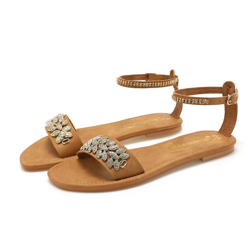 2024 Summer Flat Sandals Back Strap Round Toe Sandals Open Toe Sandals Simple Casual Women's Shoes Rhinestone Chain Beach Shoes