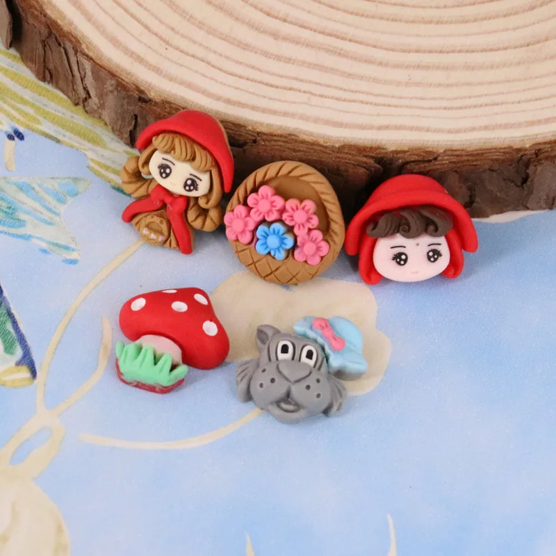 20mm New Red Cap Girl Resin Cartoon Cabochons Flatback 20pcs Cute Mushroom Grey Wolf Resin Accessories Flat Back Embellishments