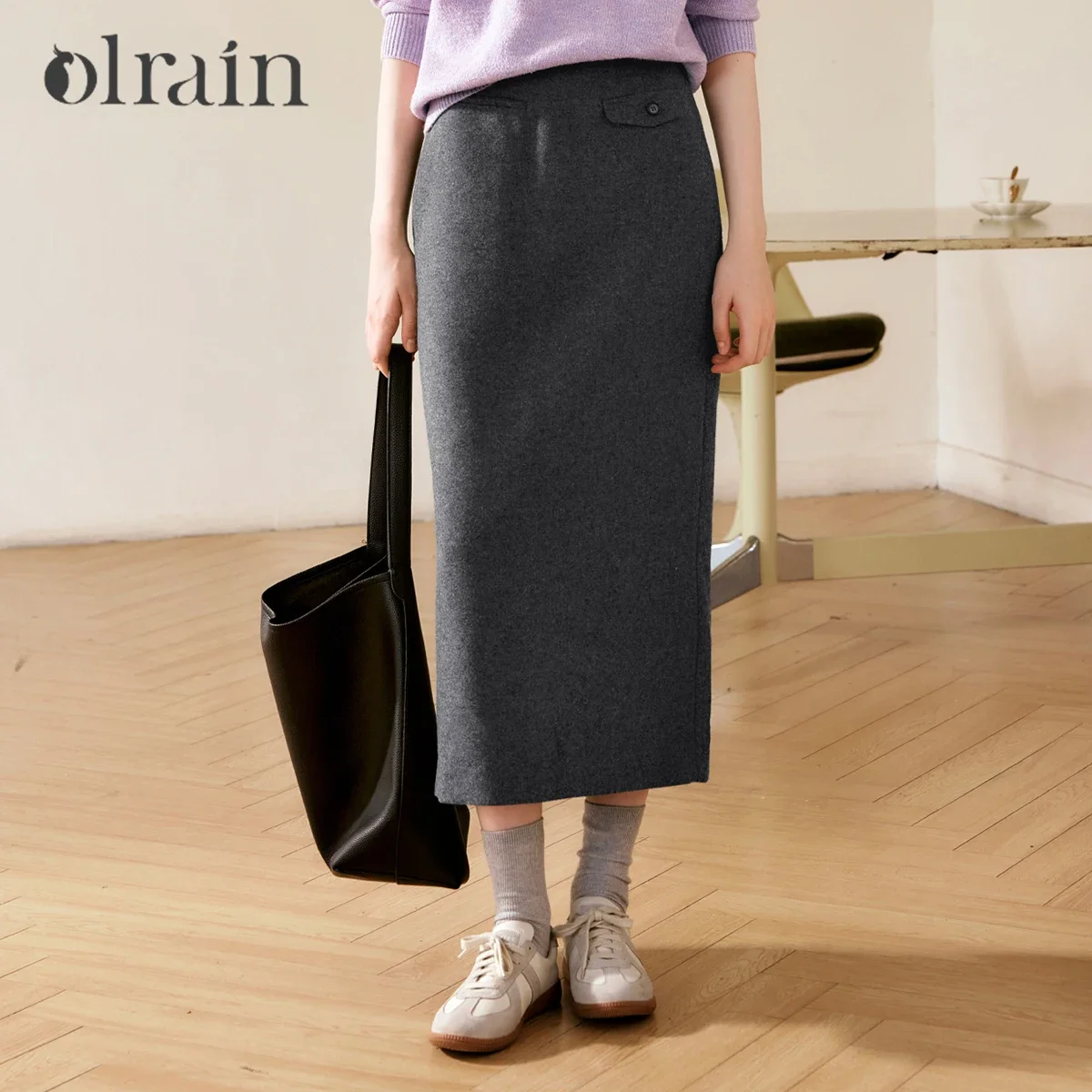 OLrain Office Lady Gray Midi Skirt for Women 2026 Spring Autumn Fashion Simple Daily Back Split Skirt Female Clothing O56DB88899