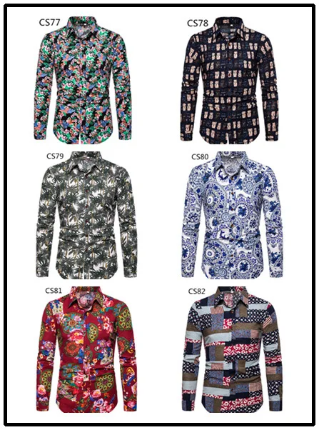 Four Seasons New Men\'s Casual Fashion Printing Large Size Long Sleeve Floral Shirt Cotton Linen Thin Section