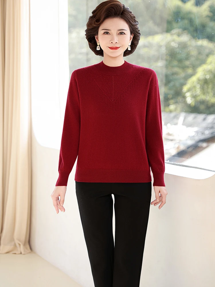 

Осенне-зимний шерстяной вязаный свитер с высоким воротником для мамы, базовый слой, теплый, чистый цвет, универсальный, среднего возраста и ly W...