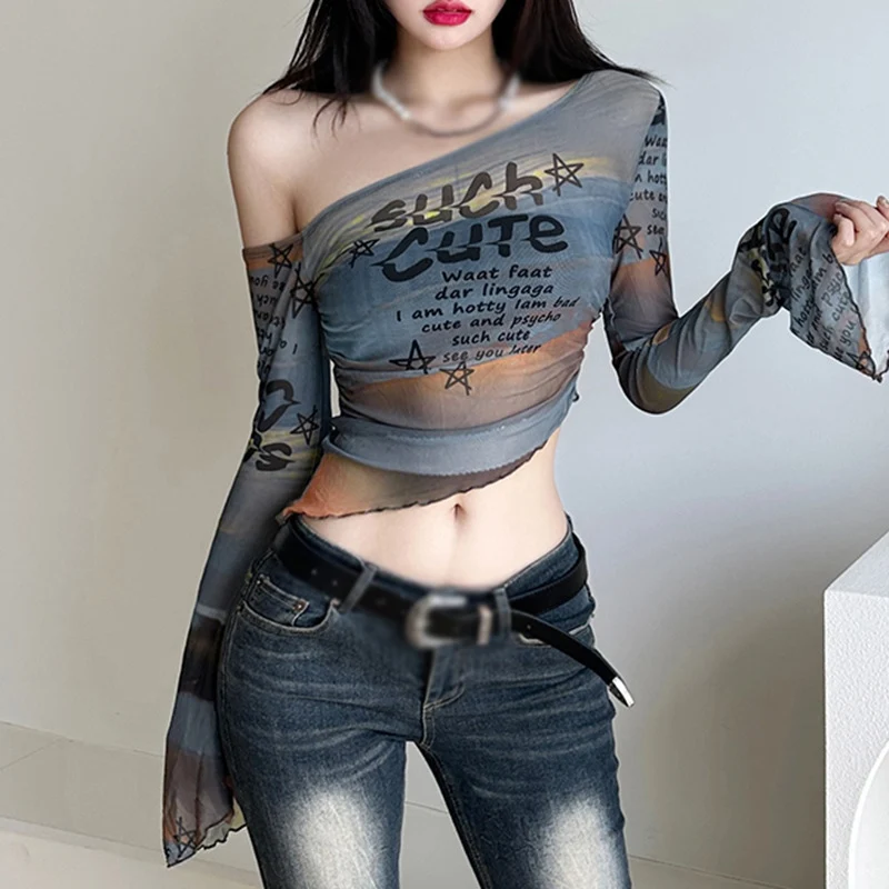 Women's Sun Protection Clothing Long Sleeves Letter Printed Mesh Bottom Layer Slim Fit One Shoulder Y2k Fashion T-shirt Outfit