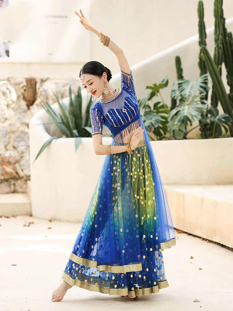 Indian Classical Dance Costumes Embroidery Blue Short Sleeved Big Swing Skirts Suit Ethnic Style Bollywood Dance Dress DQL10094